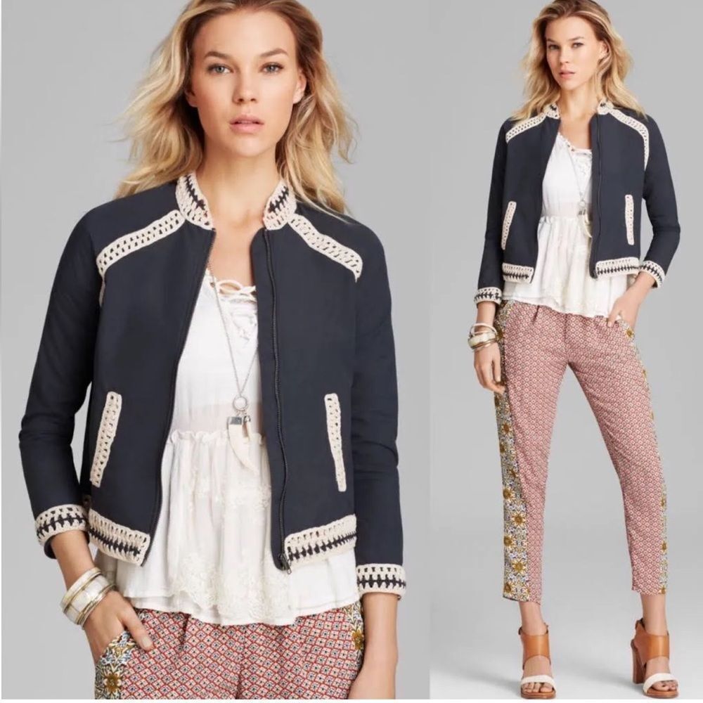 Free People Crochet Trim Baseball‎ Bomber Jacket Size M